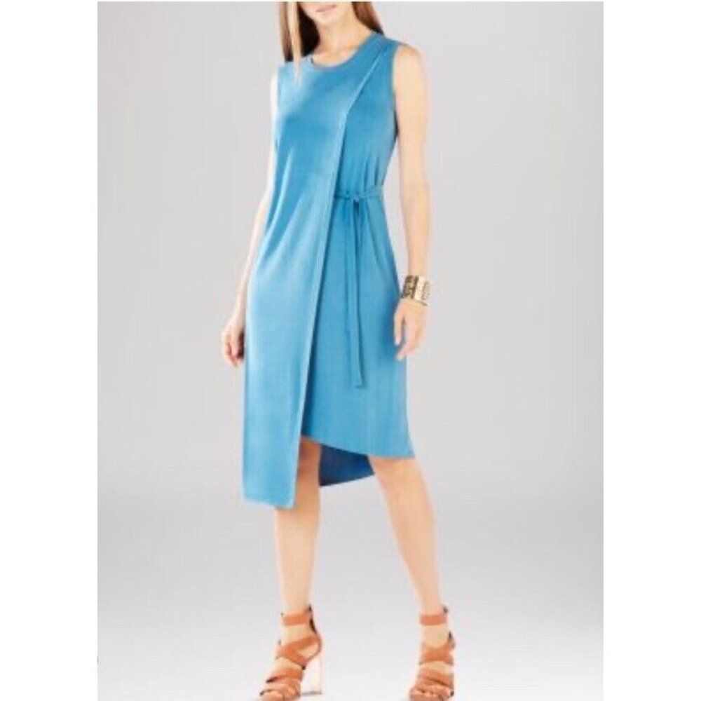 BCBGMaxazria Shirt Dress M Blue Jersey Asymmetric Overlay Lagen Comfy Layered